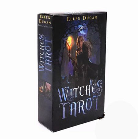 Box for 'Witches Tarot' by Ellen Dugan with a woman holding a candle design on a white background.