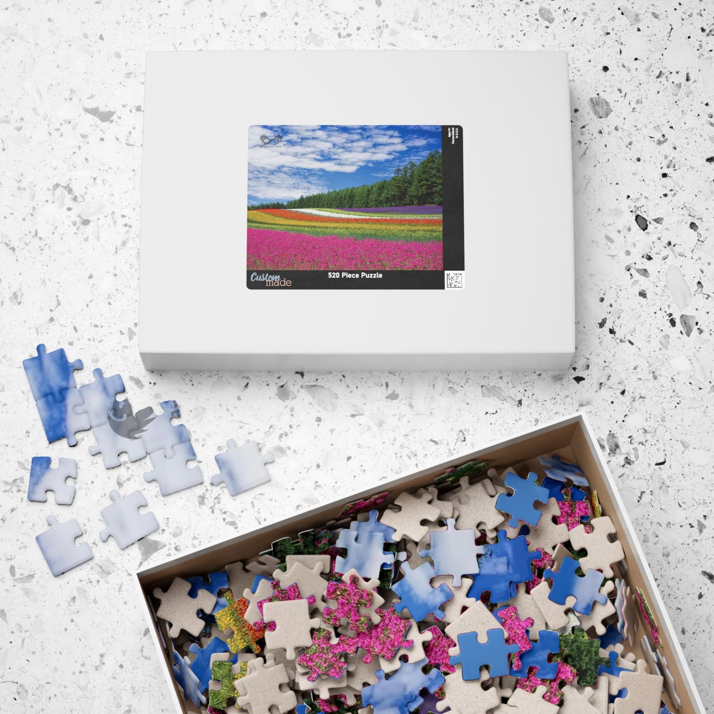 Experience the vibrant beauty of the Rainbow Colored Fields Puzzle! With 110 to 1014 pieces, this puzzle offers both a challenging and relaxing activity. As each piece falls into place, watch the mesmerizing colors come together to create a stunning landscape.