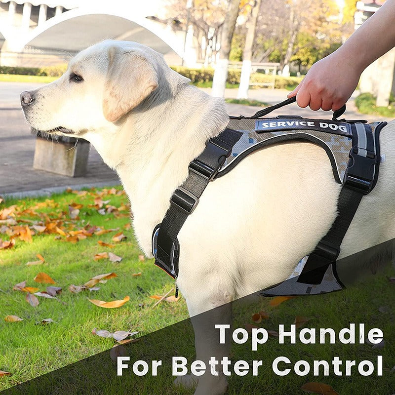 Introducing the Reflective Explosion-Proof Service Dog Harness, designed for your furry companion's safety and comfort. With its reflective material, your service dog will be visible at night, providing peace of mind.