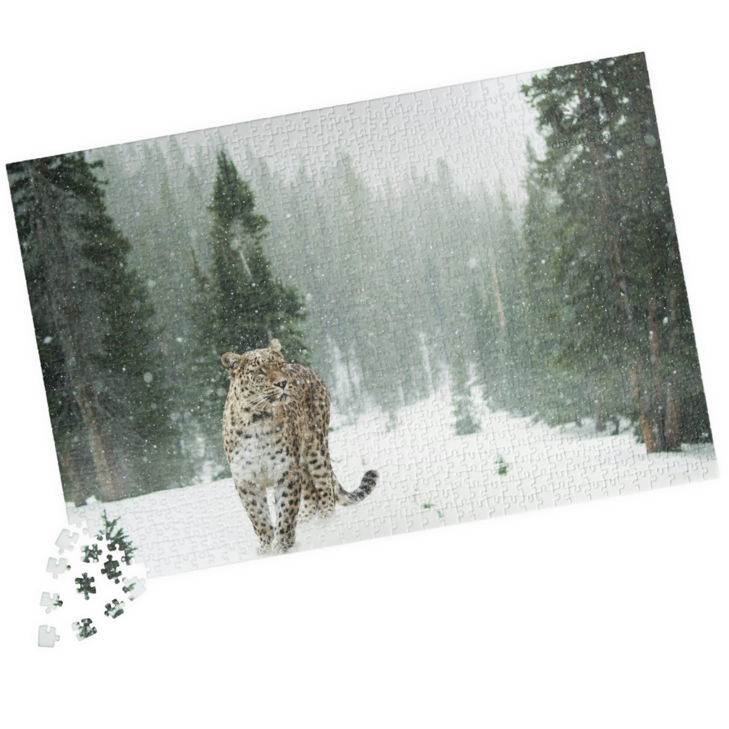 Take on the challenge of this Leopard In A Snow Storm Puzzle! With 110 to 1014 pieces, this puzzle will put your skills to the test as you piece together a stunning image of a leopard in its natural habitat.