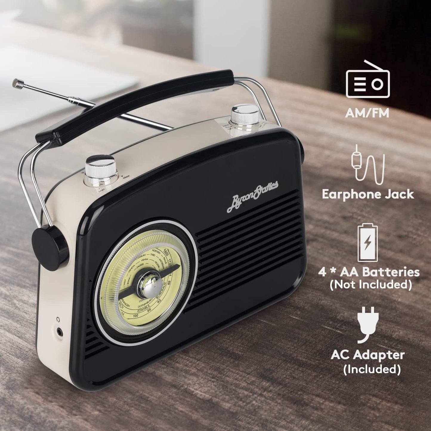 Black AM FM Radio - Small Portable Radios Vintage Retro with Headphone Jack, Large Analog Rotary Tuning Dial - Power Plug or 4 x 1.5V AA Battery