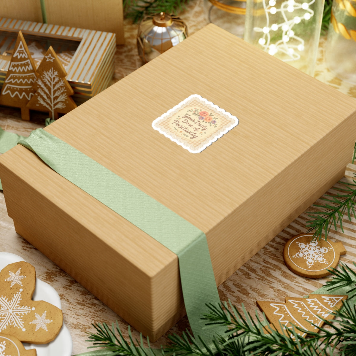 Gift box with a green ribbon on a festive background with cookies and decorations