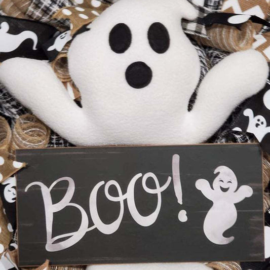 Add a spooky twist to your Halloween decor with this Cute Halloween Ghost Boo Wreath. Featuring playful ghost accents and a bold "Boo" message, it captures the fun and eerie spirit of the season, making your entrance unforgettable.