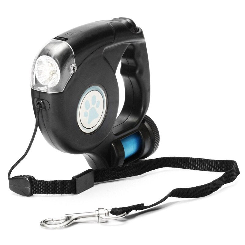 Introducing the ultimate leash for dog owners! This retractable leash comes with a convenient poop bag dispenser and built-in LED flashlight for night walks. With a comfortable handle and sturdy design, enjoy the freedom to walk and play with your furry friend while keeping the environment clean and safe at all times.