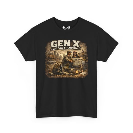 Black t-shirt with graphic design and text 'GEN X WE SAW IT COMING' on a white background