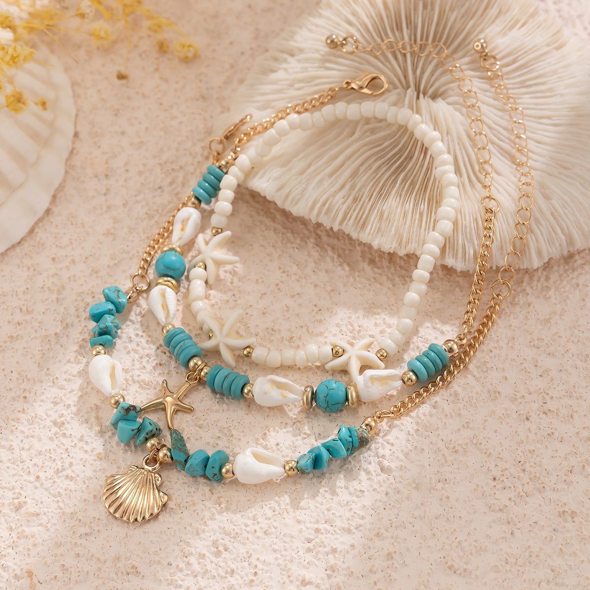 Beach Style Multi-Layer Turquoise Anklet Set