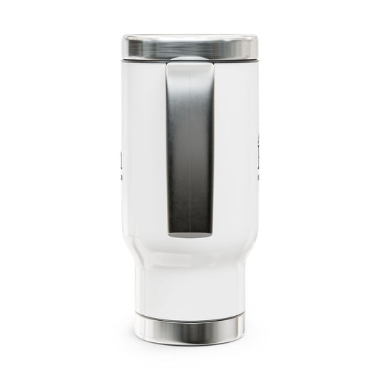White tumbler with silver accents on a white background