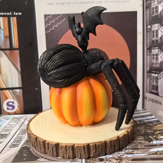 Bring a daring touch to your Halloween décor with this striking resin decoration featuring a menacing spider poised on a vibrant pumpkin.