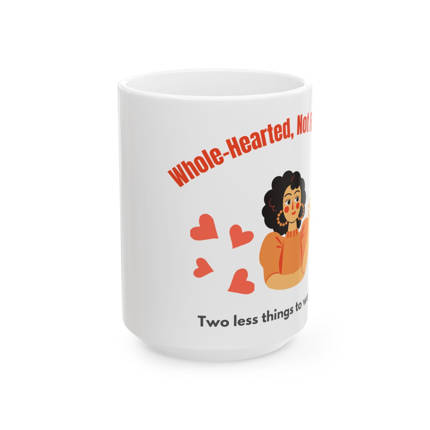 White mug with a cartoon character and text on a white background