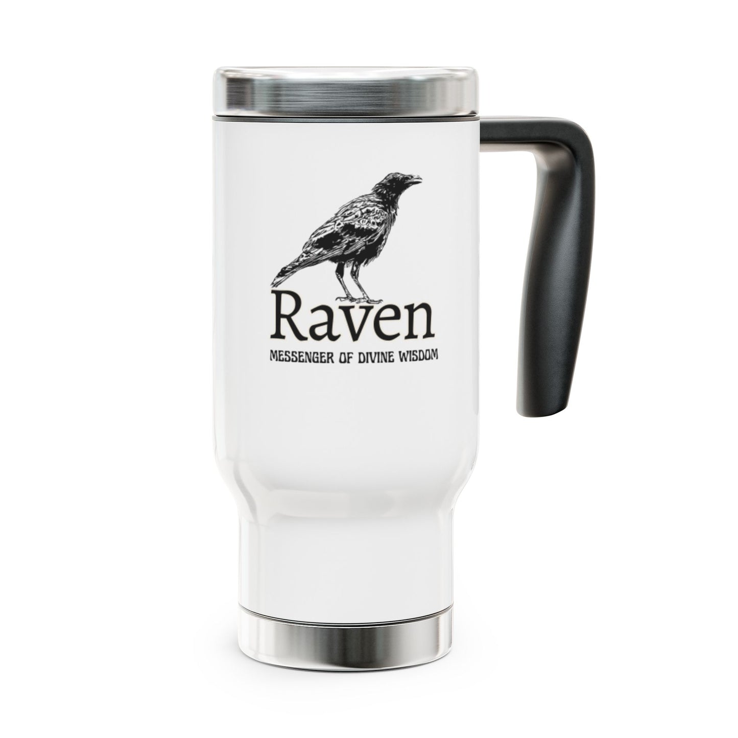 White travel mug with a black handle featuring an illustration of a raven and text on a white background.
