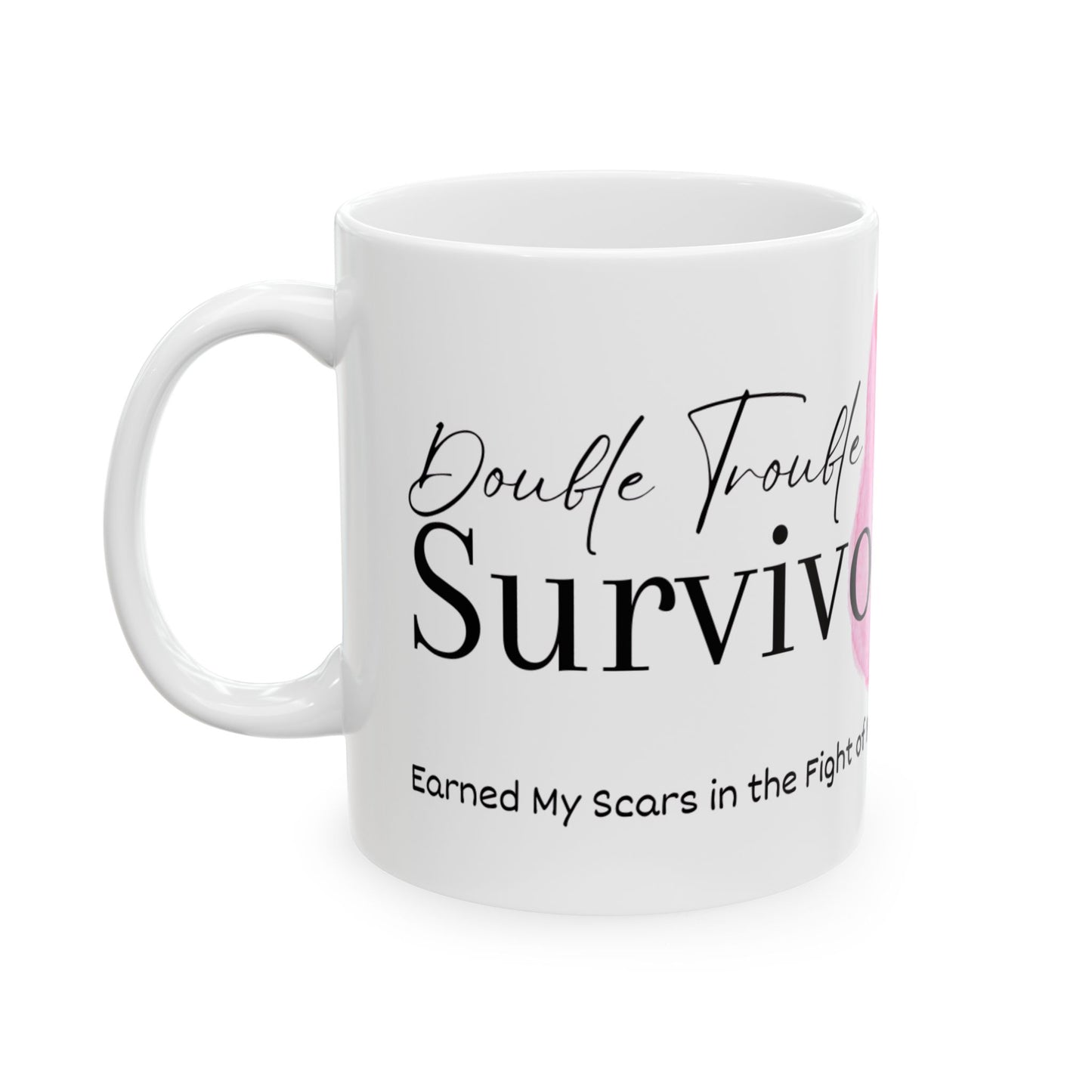 White mug with text 'Double Trouble Survivor' on a white background