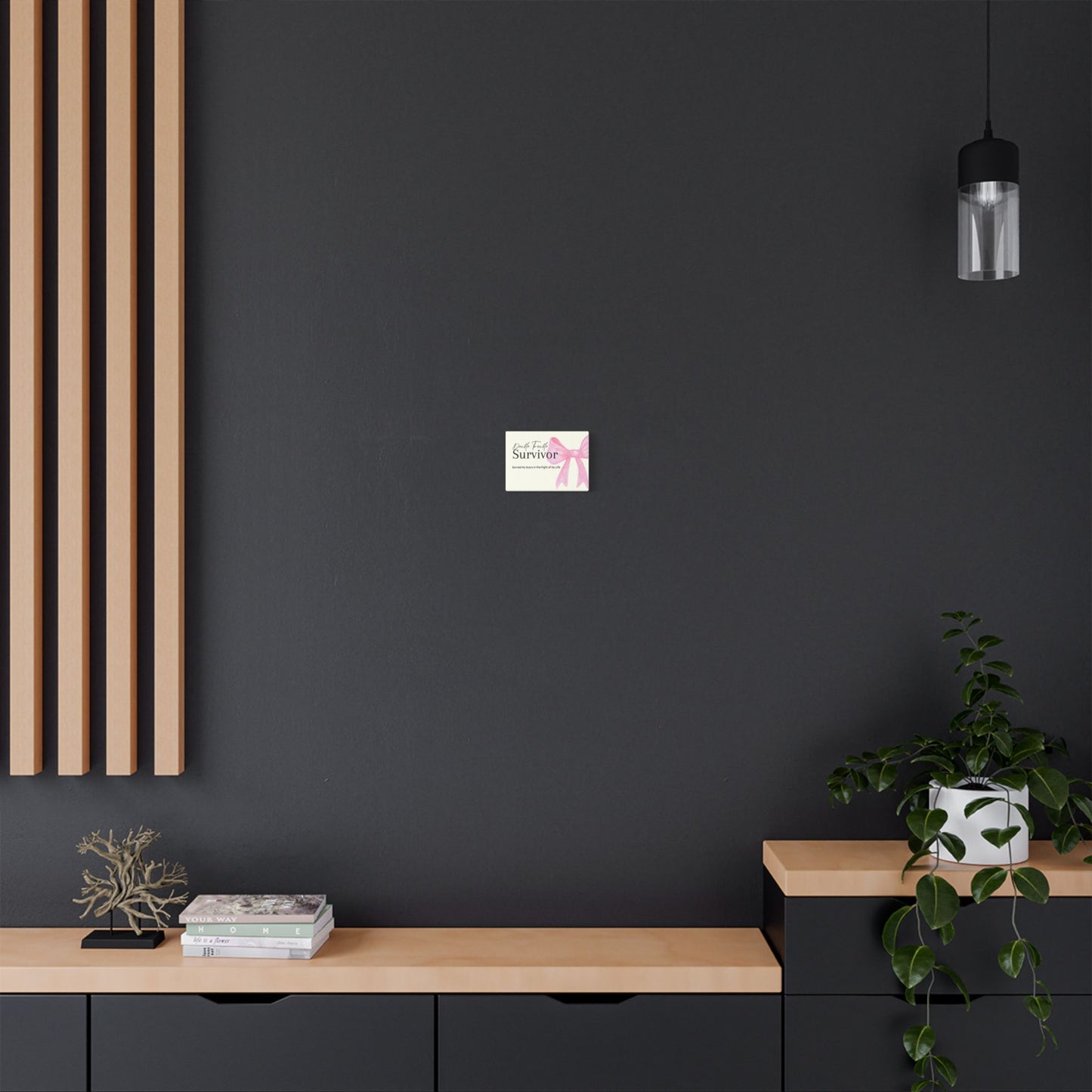 Modern interior with a black wall, wooden shelf, and decorative items.