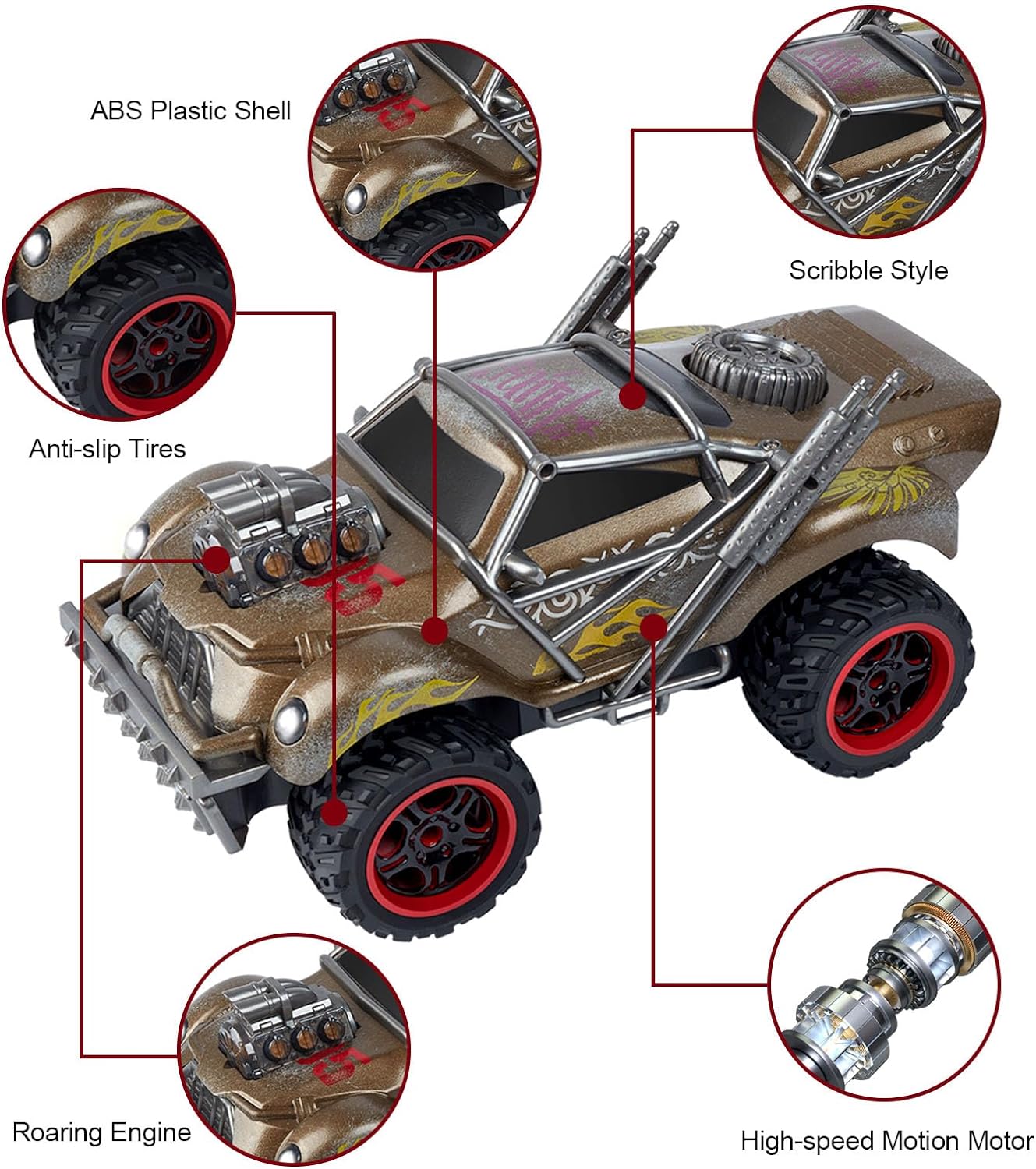 Wasteland Style 1:14 Scale 2.4GHz Model Racing Remote Control Car with Cool LED Lights and Realistic Sound, Hobby Electric RC Car Toys for Boys and Adults (Golden)