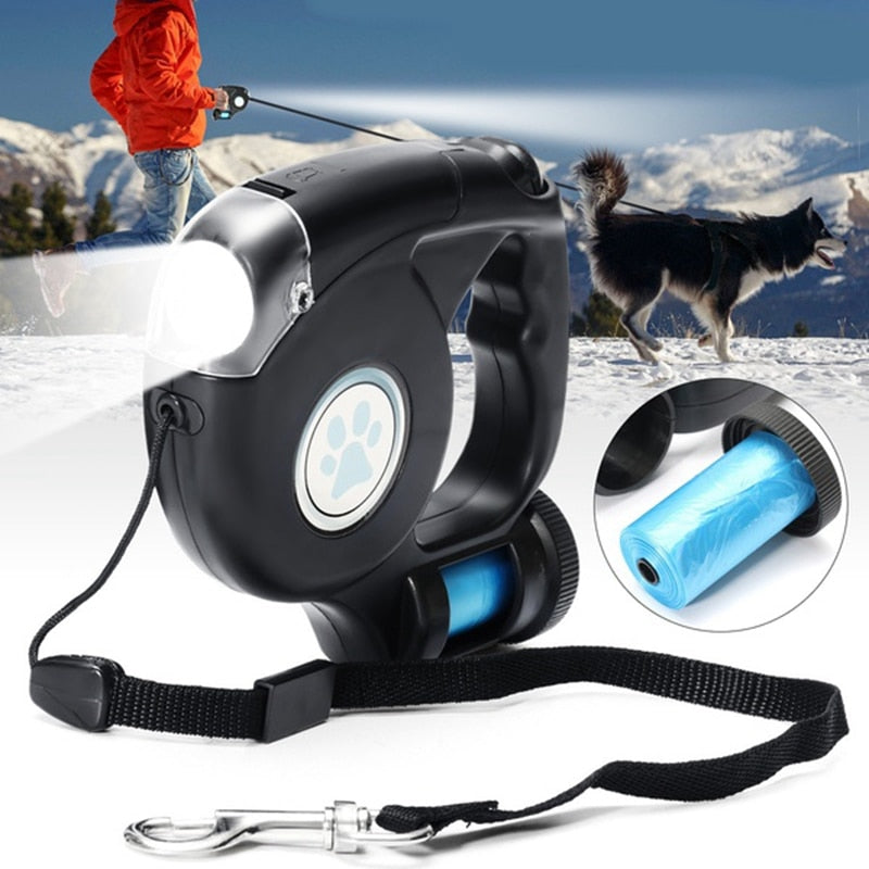 Introducing the ultimate leash for dog owners! This retractable leash comes with a convenient poop bag dispenser and built-in LED flashlight for night walks. With a comfortable handle and sturdy design, enjoy the freedom to walk and play with your furry friend while keeping the environment clean and safe at all times.