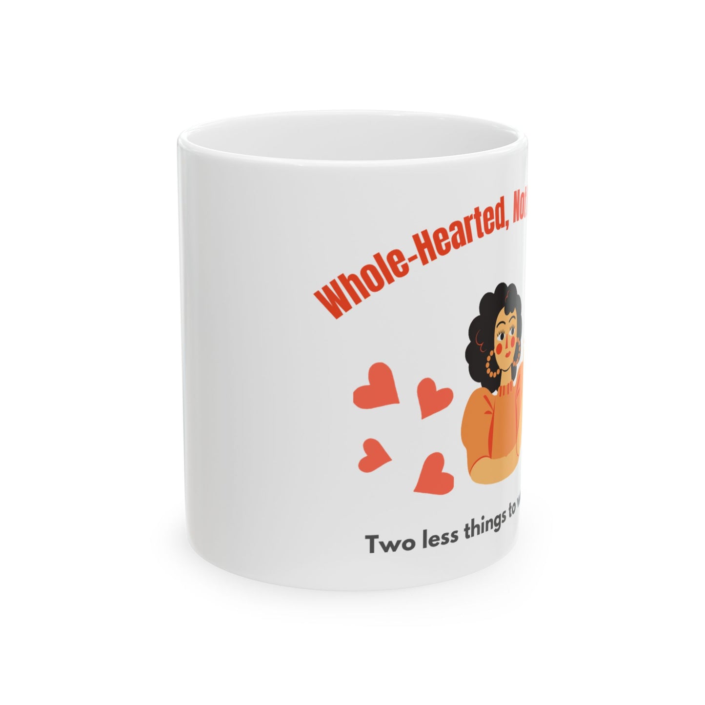 White mug with a design featuring text and hearts on a white background