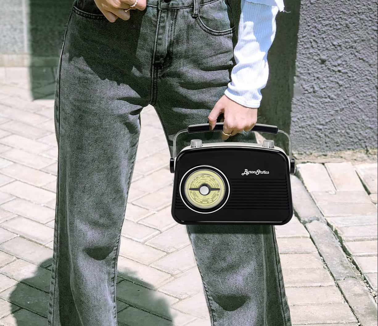 Black AM FM Radio - Small Portable Radios Vintage Retro with Headphone Jack, Large Analog Rotary Tuning Dial - Power Plug or 4 x 1.5V AA Battery