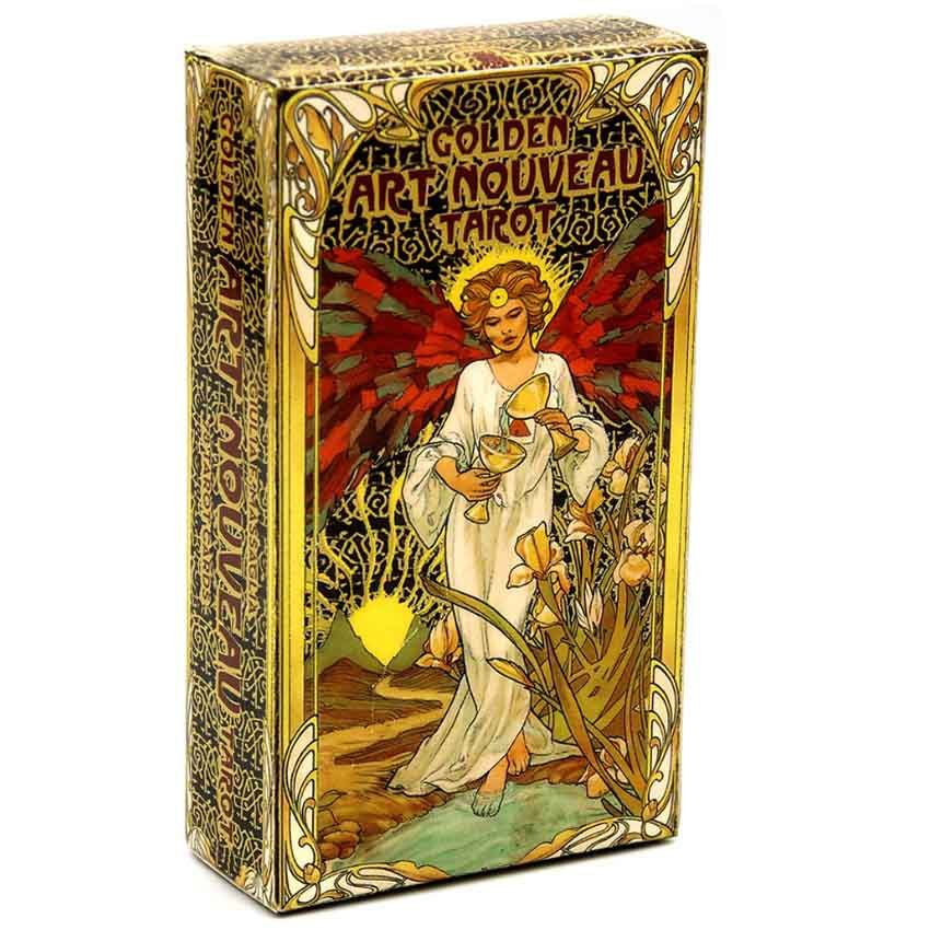 Decorative box for 'Golden Art Nouveau Tarot' with intricate designs and a central figure.