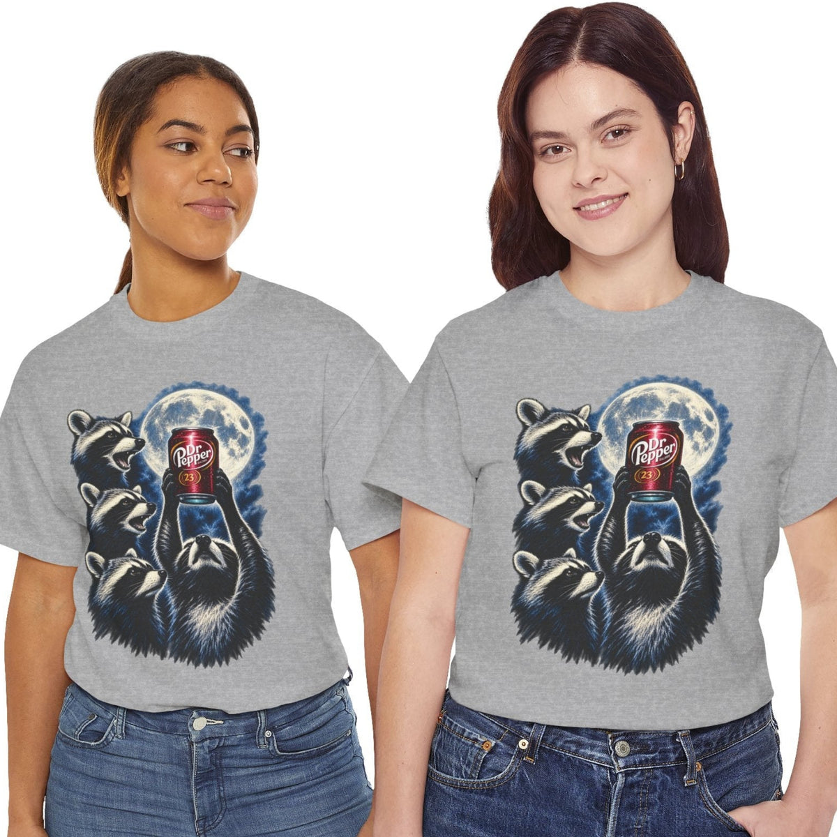 Two women modeling matching heather gray graphic T-shirts featuring a Raccoons Worshiping a can of Dr. Pepper Soda With Full Moon Comfortable Cotton T-Shirt
