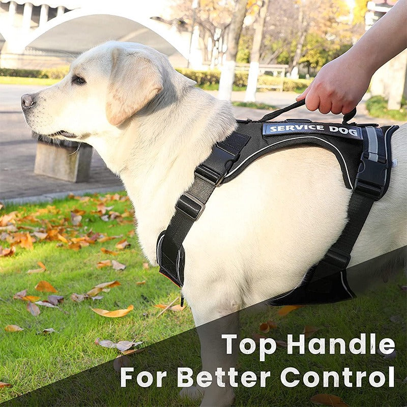 Introducing the Reflective Explosion-Proof Service Dog Harness, designed for your furry companion's safety and comfort. With its reflective material, your service dog will be visible at night, providing peace of mind. 