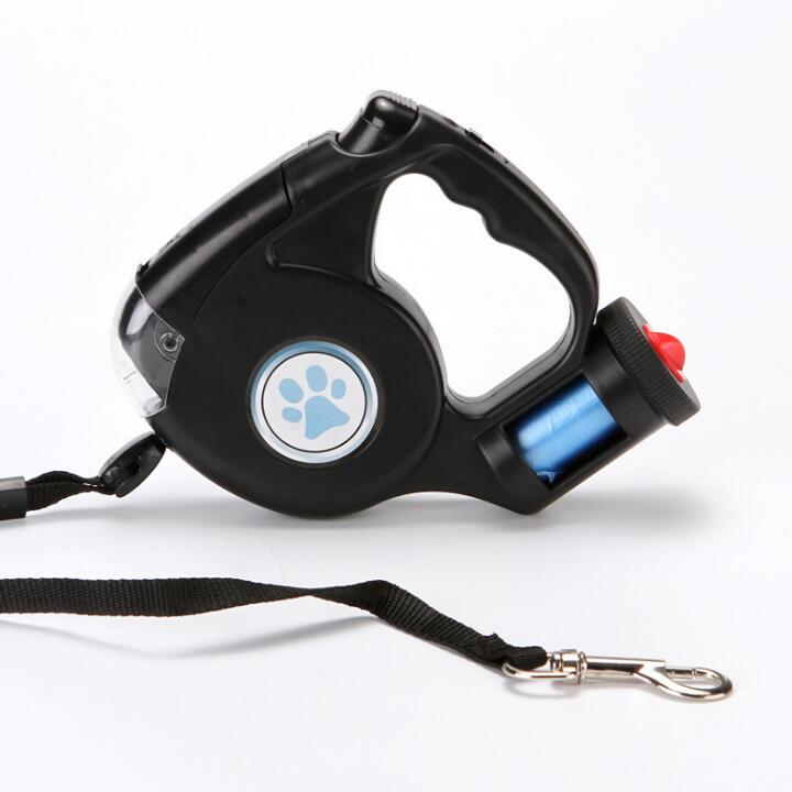 Introducing the ultimate leash for dog owners! This retractable leash comes with a convenient poop bag dispenser and built-in LED flashlight for night walks. With a comfortable handle and sturdy design, enjoy the freedom to walk and play with your furry friend while keeping the environment clean and safe at all times.