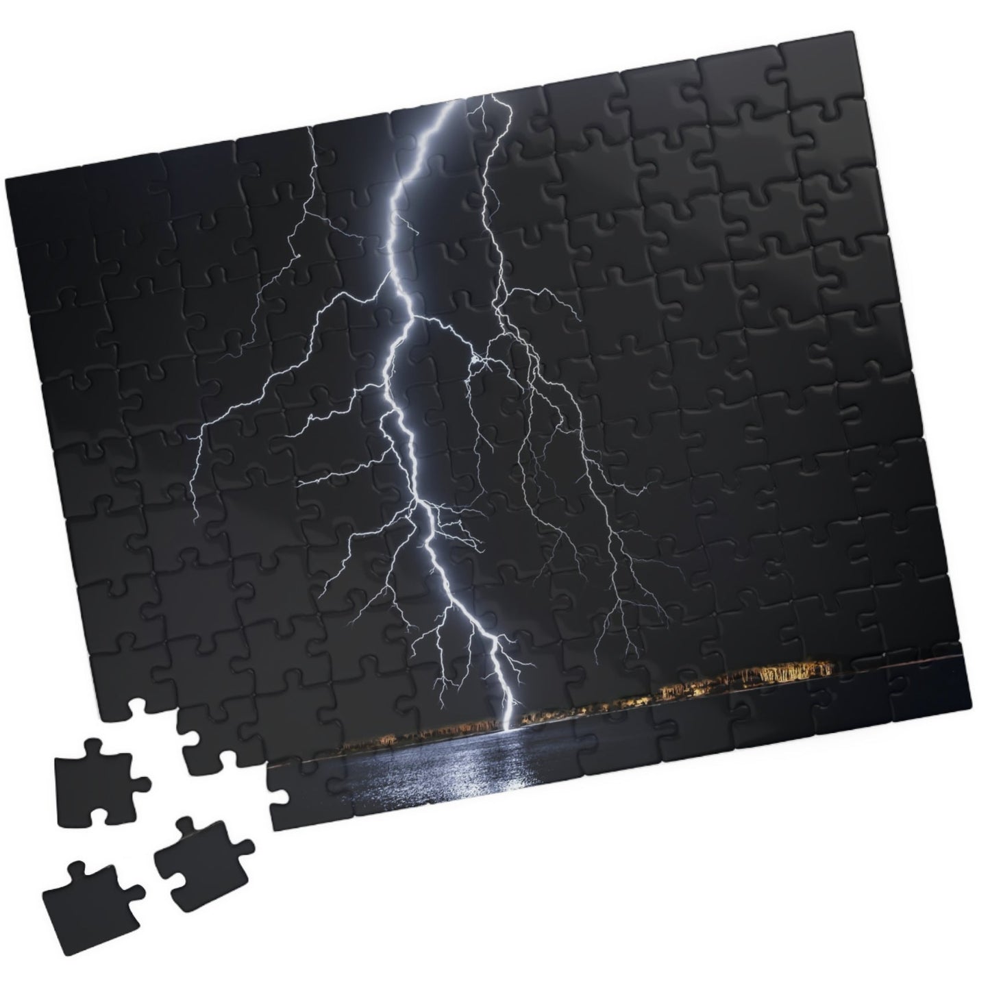 Experience the awe-inspiring beauty of nature with our Lightening Strikes Water Puzzle. This 110 to 1014 piece puzzle features a striking image of a lightning storm over a serene body of water. Challenge your mind and calm your soul with this captivating puzzle.