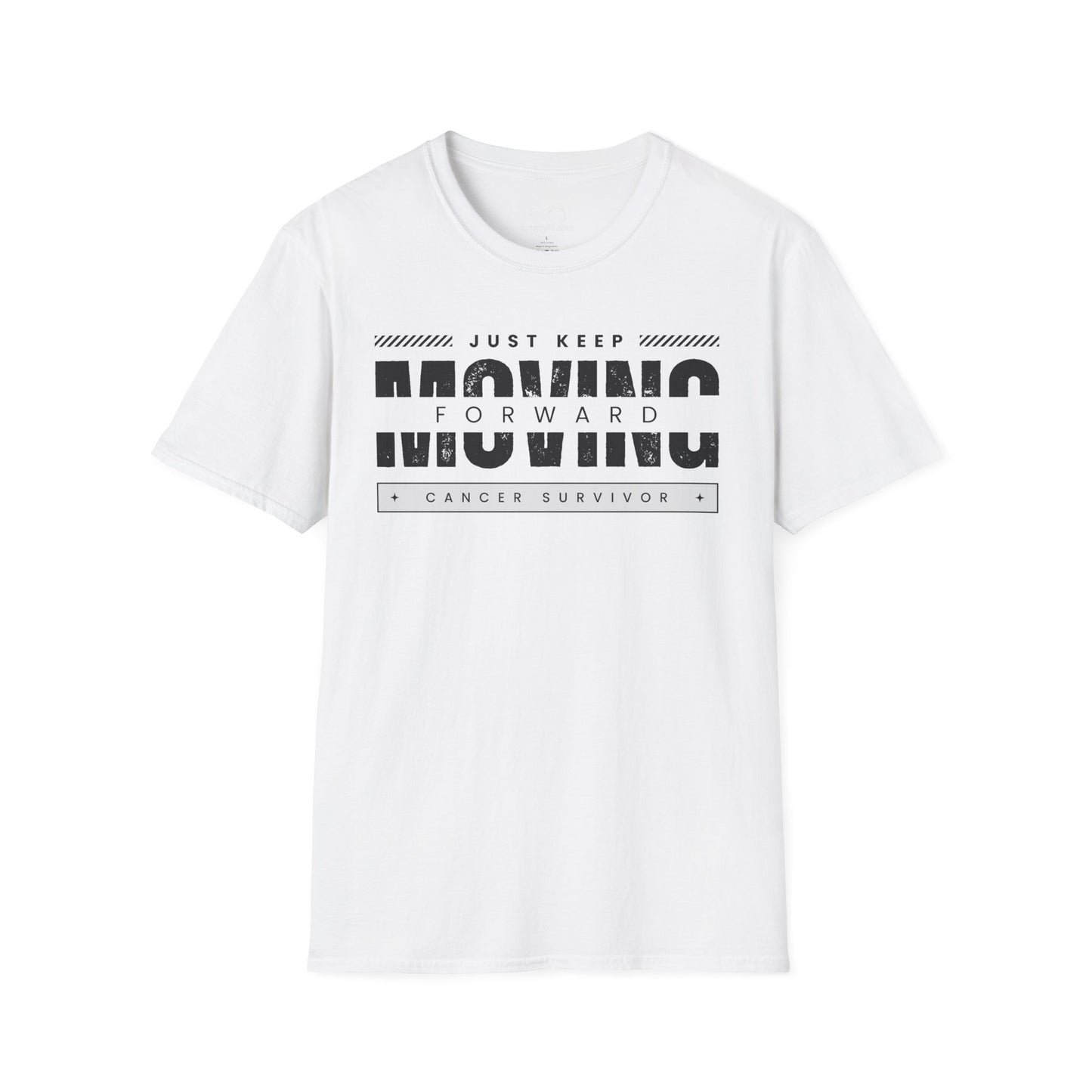 This unisex t-shirt is a canvas for self-expression, crafted for those who embrace resilience. With the phrase "Just Keep Moving Forward - Cancer Survivor" emblazoned across the chest, it celebrates strength and spirit.