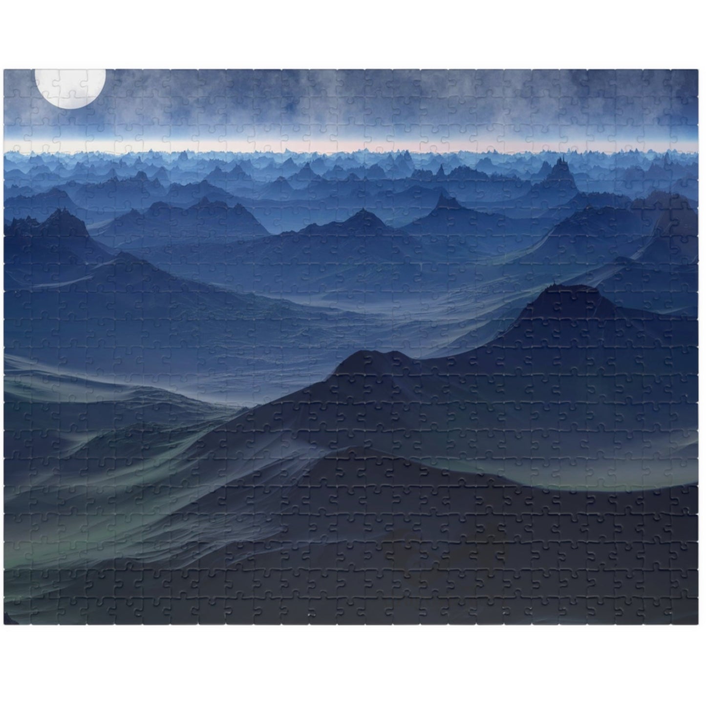 Experience the beauty of the night sky with our Blue Moon Landscape Puzzle. With 110 to 1014 pieces, this puzzle will challenge and delight any puzzle enthusiast. Piece together a stunning landscape with a breathtaking blue moon as the centerpiece.