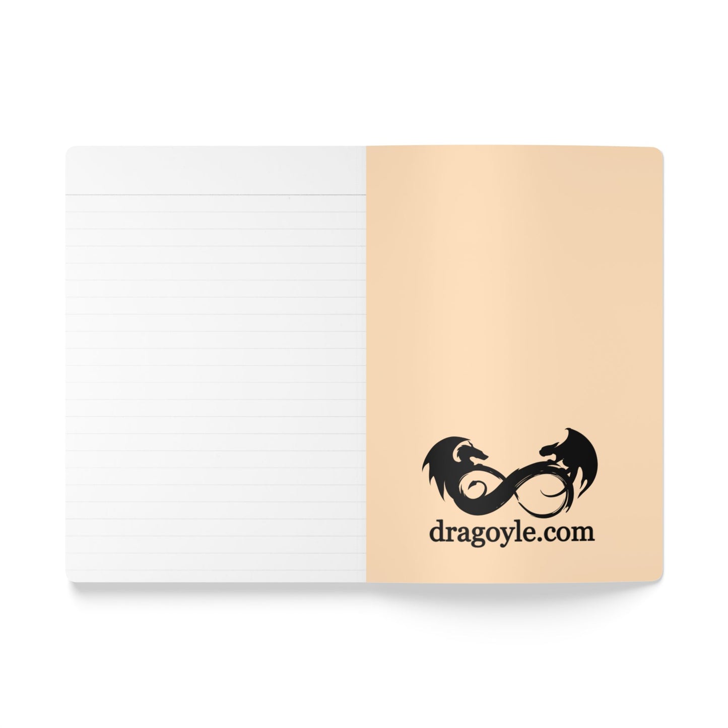 Notebook with dragon design and 'dragoyle.com' text on a beige cover and white back