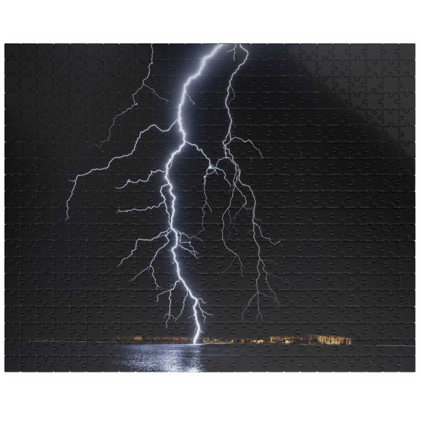Experience the awe-inspiring beauty of nature with our Lightening Strikes Water Puzzle. This 110 to 1014 piece puzzle features a striking image of a lightning storm over a serene body of water. Challenge your mind and calm your soul with this captivating puzzle.