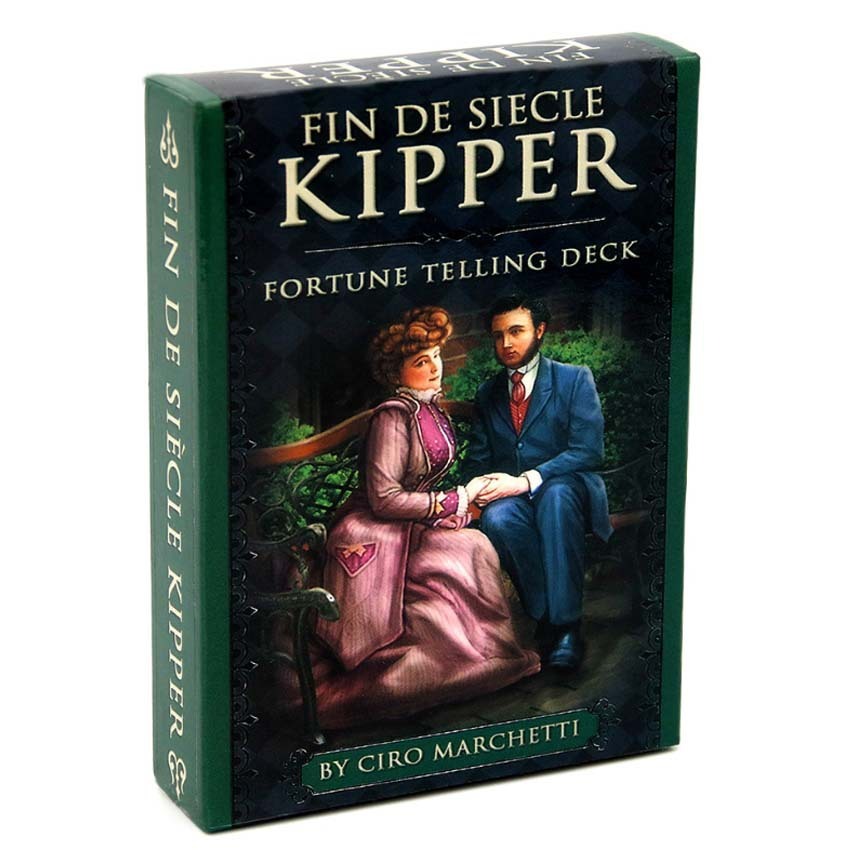 Fortune Telling Deck packaging with a couple on a bench, titled 'Fin de Siecle Kipper' by Ciro Marchetti.