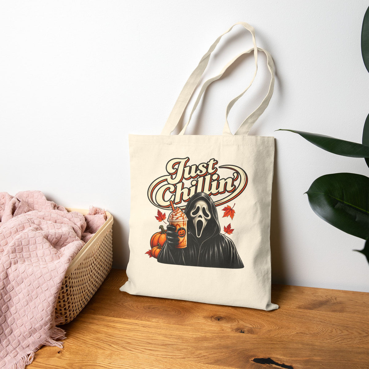 "Just Chillin" Halloween Ghost Face Canvas Trick or Treat Bag