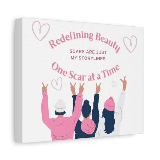 Transform your space with this stunning Matte Canvas, Stretched 1.25" masterpiece. The uplifting and empowering message, "Redefining Beauty One Scar At A Time," resonates deeply, making it perfect for anyone who cherishes strength and resilience.