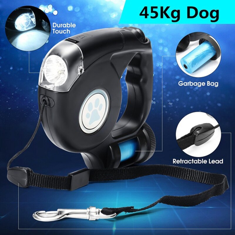 Introducing the ultimate leash for dog owners! This retractable leash comes with a convenient poop bag dispenser and built-in LED flashlight for night walks. With a comfortable handle and sturdy design, enjoy the freedom to walk and play with your furry friend while keeping the environment clean and safe at all times.