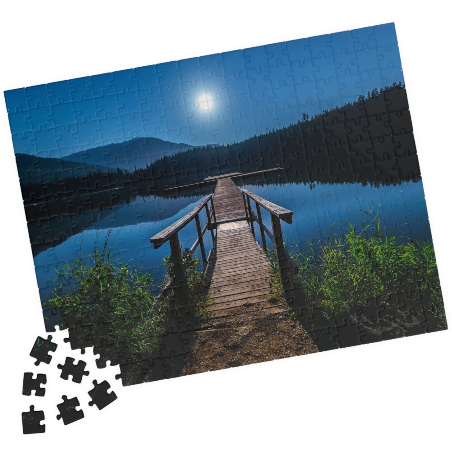 Experience the calming beauty of the Blue Moon At The Lake Puzzle. With 110 to 1014 pieces, this puzzle is perfect for all levels. Immerse yourself in the artistry of the blue moon reflecting on the serene lake, and feel the peace and tranquility it brings. A delightful challenge for any puzzle enthusiast.