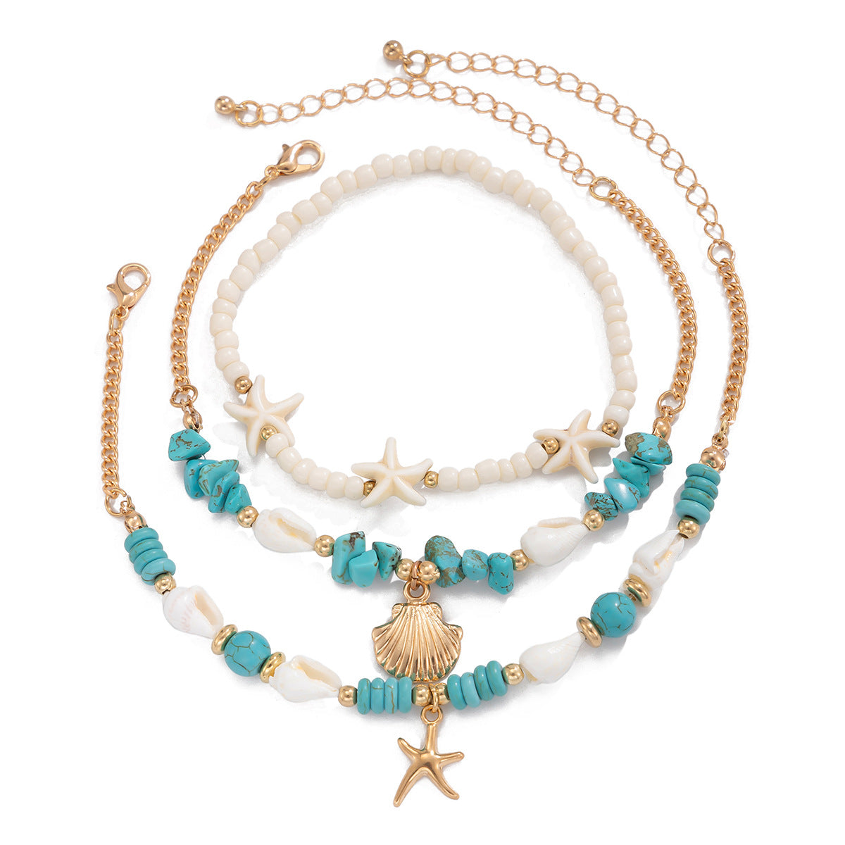 Beach Style Multi-Layer Turquoise Anklet Set