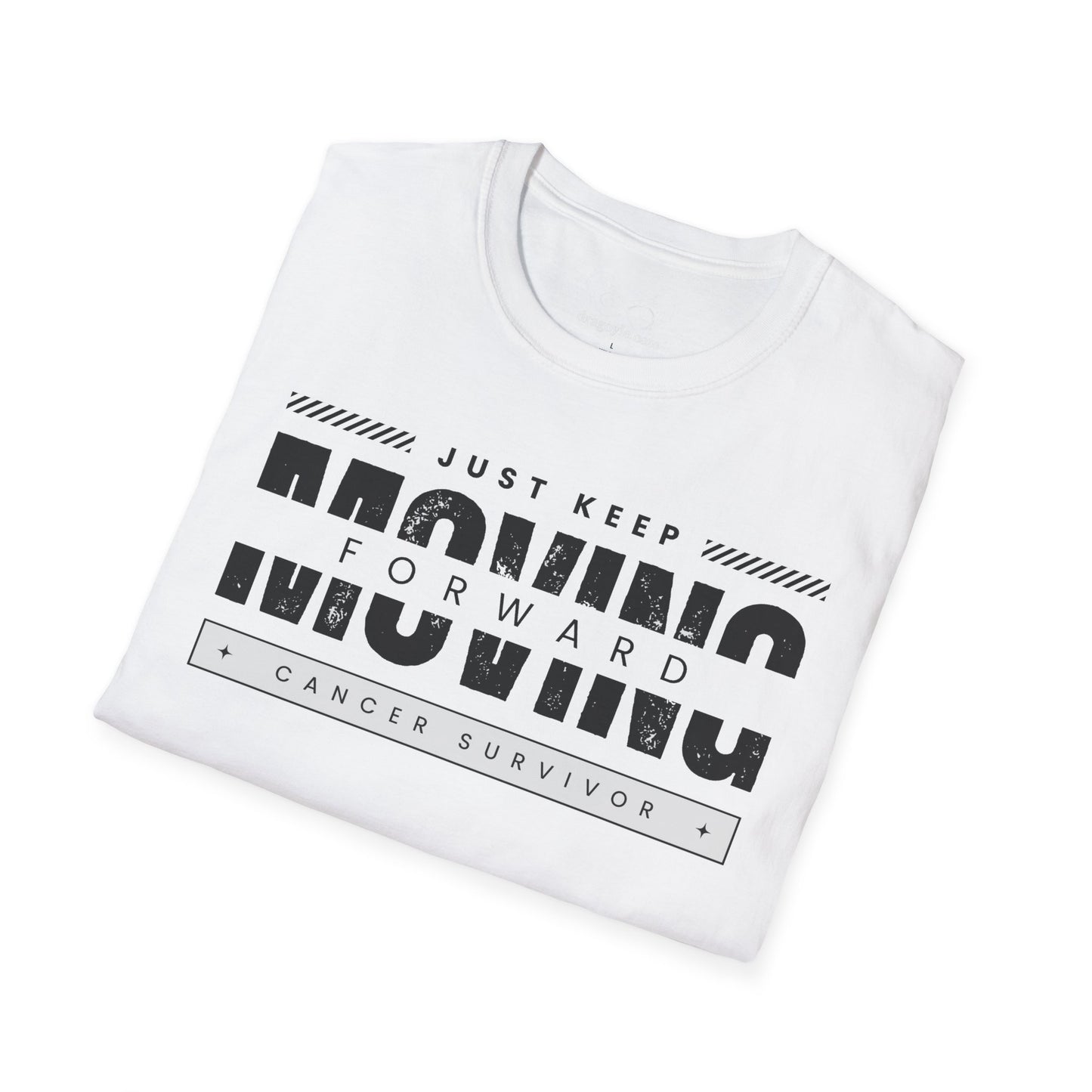 This unisex t-shirt is a canvas for self-expression, crafted for those who embrace resilience. With the phrase "Just Keep Moving Forward - Cancer Survivor" emblazoned across the chest, it celebrates strength and spirit.