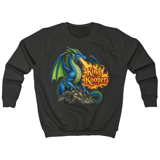 A black crewneck sweatshirt featuring a colorful graphic of a blue dragon with green wings breathing fire, with the text 'King Kooper' in orange flames, displayed on a solid white background.