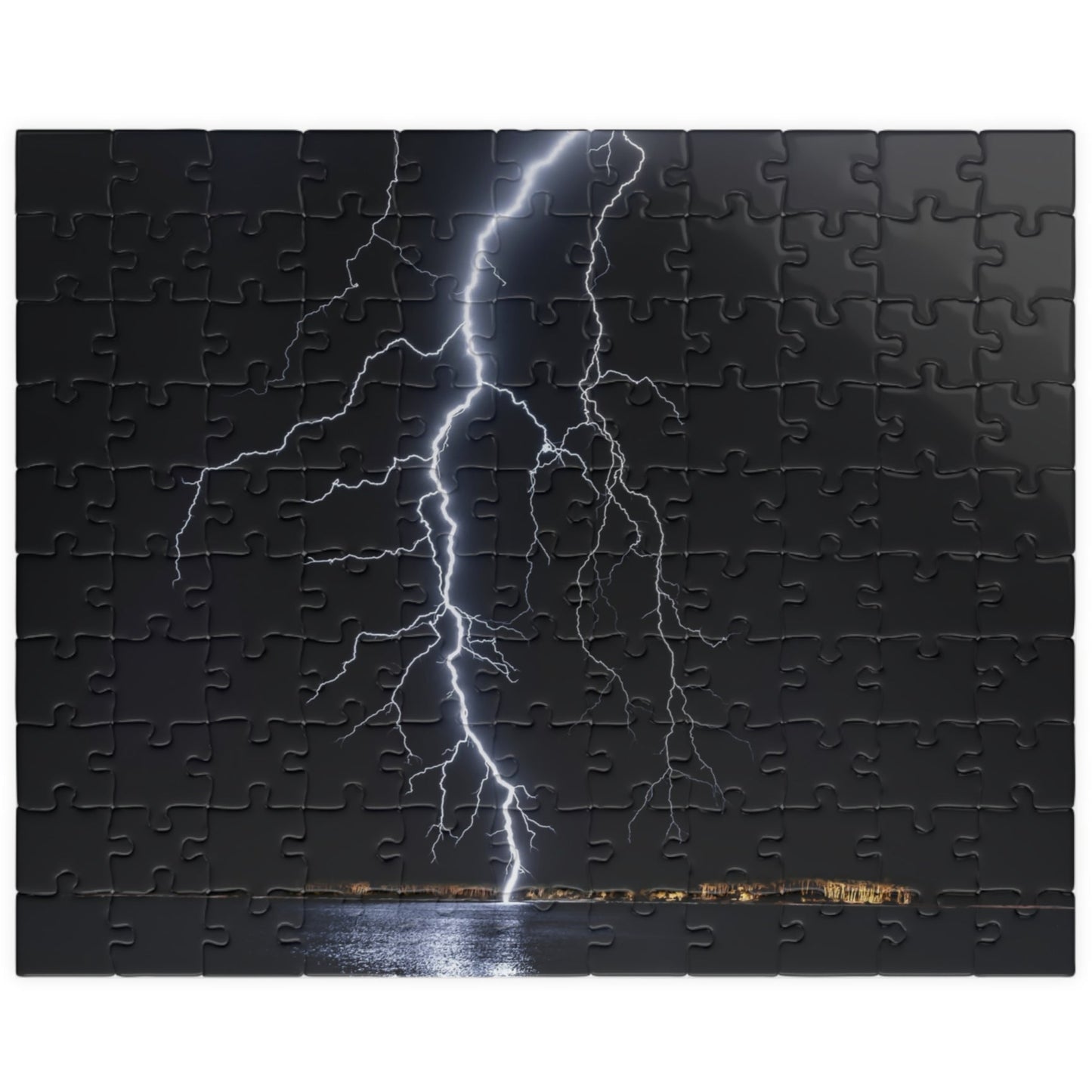 Experience the awe-inspiring beauty of nature with our Lightening Strikes Water Puzzle. This 110 to 1014 piece puzzle features a striking image of a lightning storm over a serene body of water. Challenge your mind and calm your soul with this captivating puzzle.