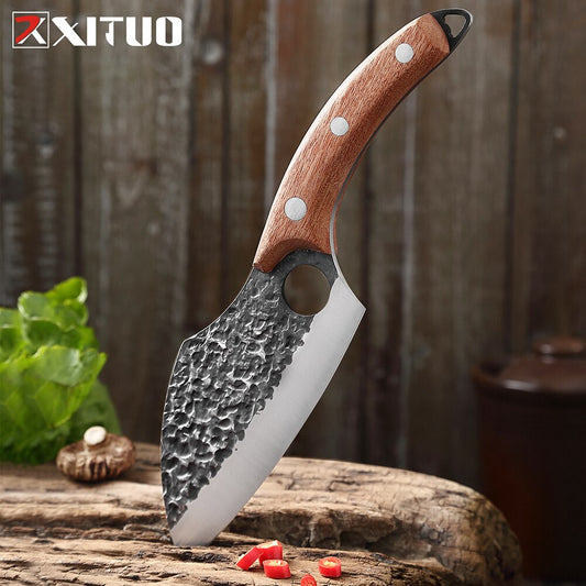 Forged from premium stainless steel, this handmade meat cleaver delivers professional-grade performance for both culinary and field applications. The robust blade geometry excels at breaking down large cuts of meat with minimal effort, while the balanced weight distribution ensures controlled, precise strikes.