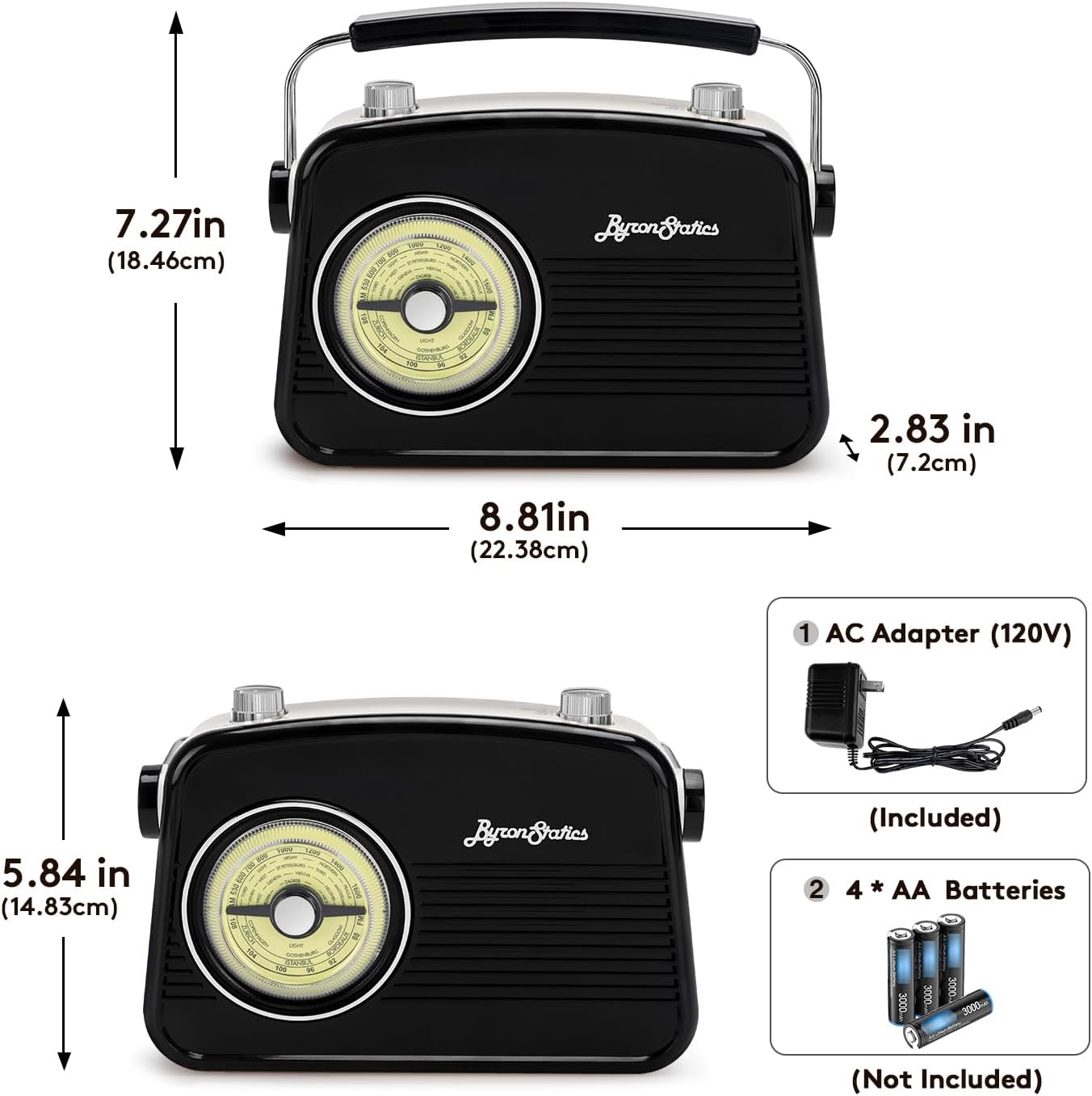 Black AM FM Radio - Small Portable Radios Vintage Retro with Headphone Jack, Large Analog Rotary Tuning Dial - Power Plug or 4 x 1.5V AA Battery
