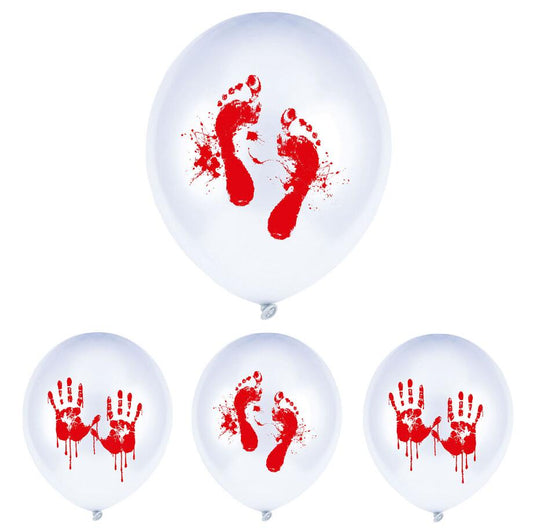 White balloons with red hand and footprints on a white background
