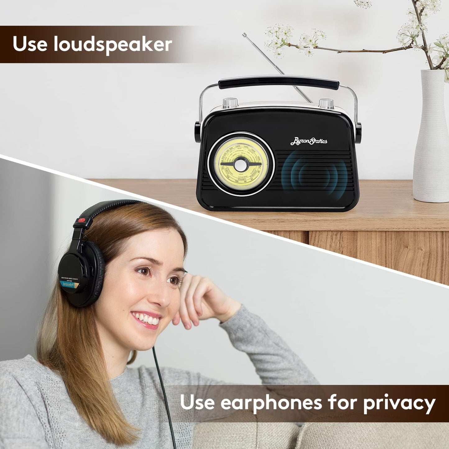 Black AM FM Radio - Small Portable Radios Vintage Retro with Headphone Jack, Large Analog Rotary Tuning Dial - Power Plug or 4 x 1.5V AA Battery