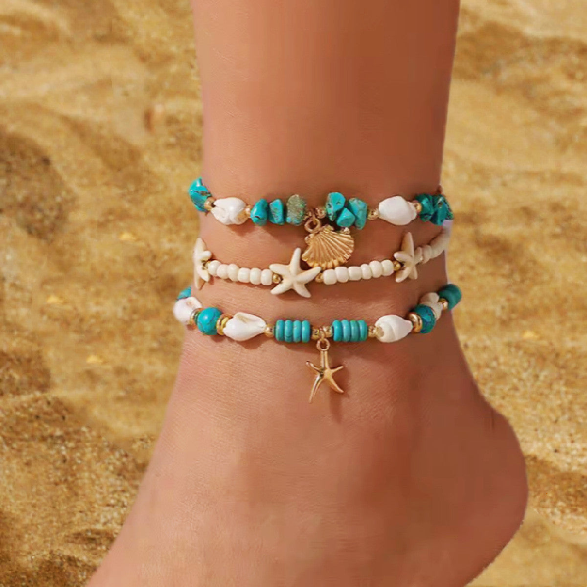 Beach Style Multi-Layer Turquoise Anklet Set
