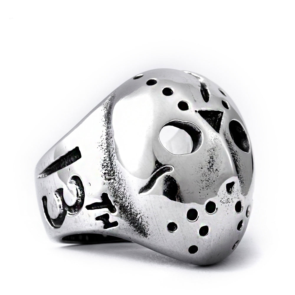 Make a bold statement with the Steel Halloween Friday 13th Mask Ring. Crafted from durable steel, this striking piece channels the eerie energy of the iconic Friday the 13th mask, perfect for those who dare to stand out.