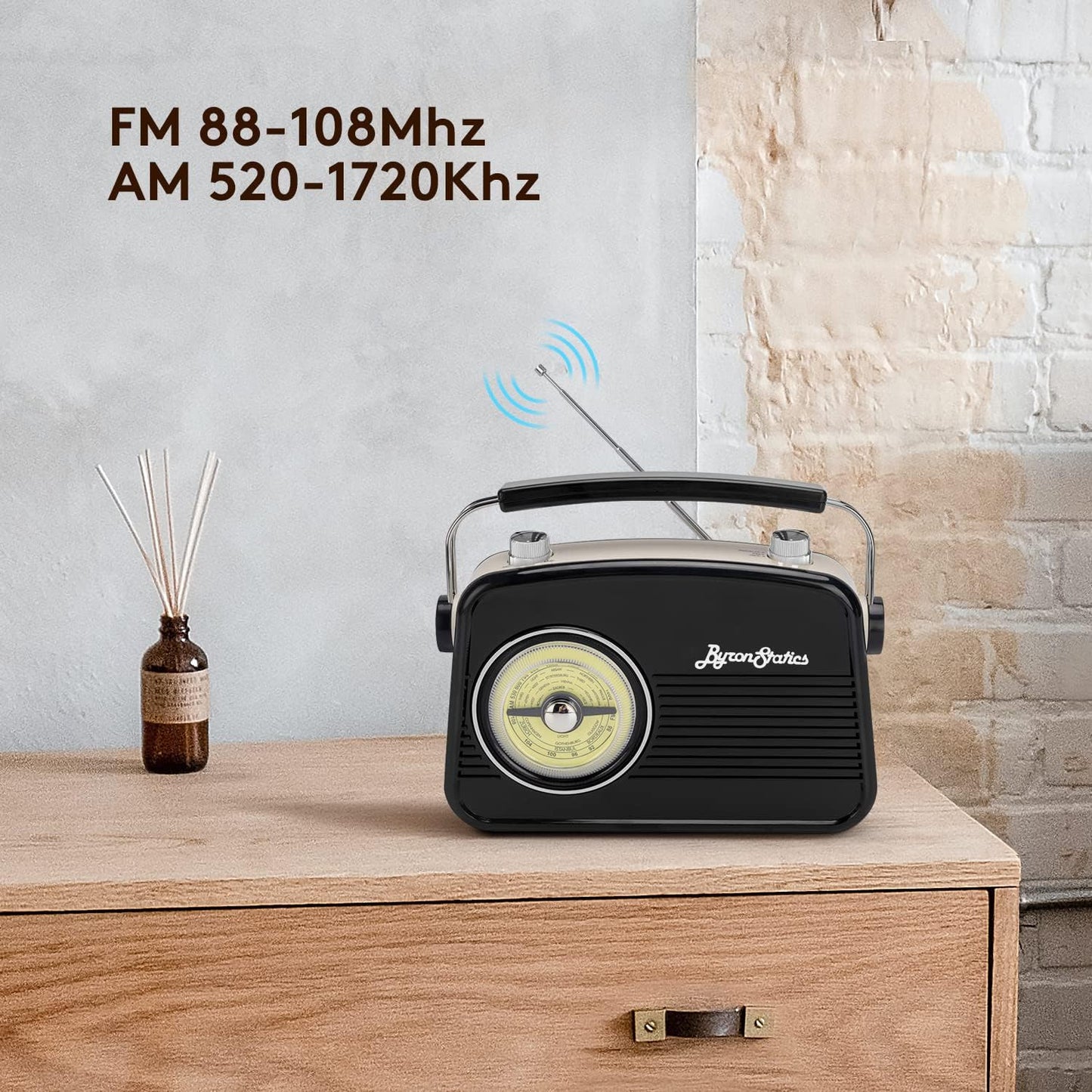 Black AM FM Radio - Small Portable Radios Vintage Retro with Headphone Jack, Large Analog Rotary Tuning Dial - Power Plug or 4 x 1.5V AA Battery