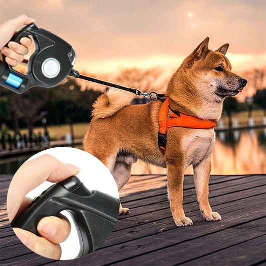Introducing the ultimate leash for dog owners! This retractable leash comes with a convenient poop bag dispenser and built-in LED flashlight for night walks. With a comfortable handle and sturdy design, enjoy the freedom to walk and play with your furry friend while keeping the environment clean and safe at all times.