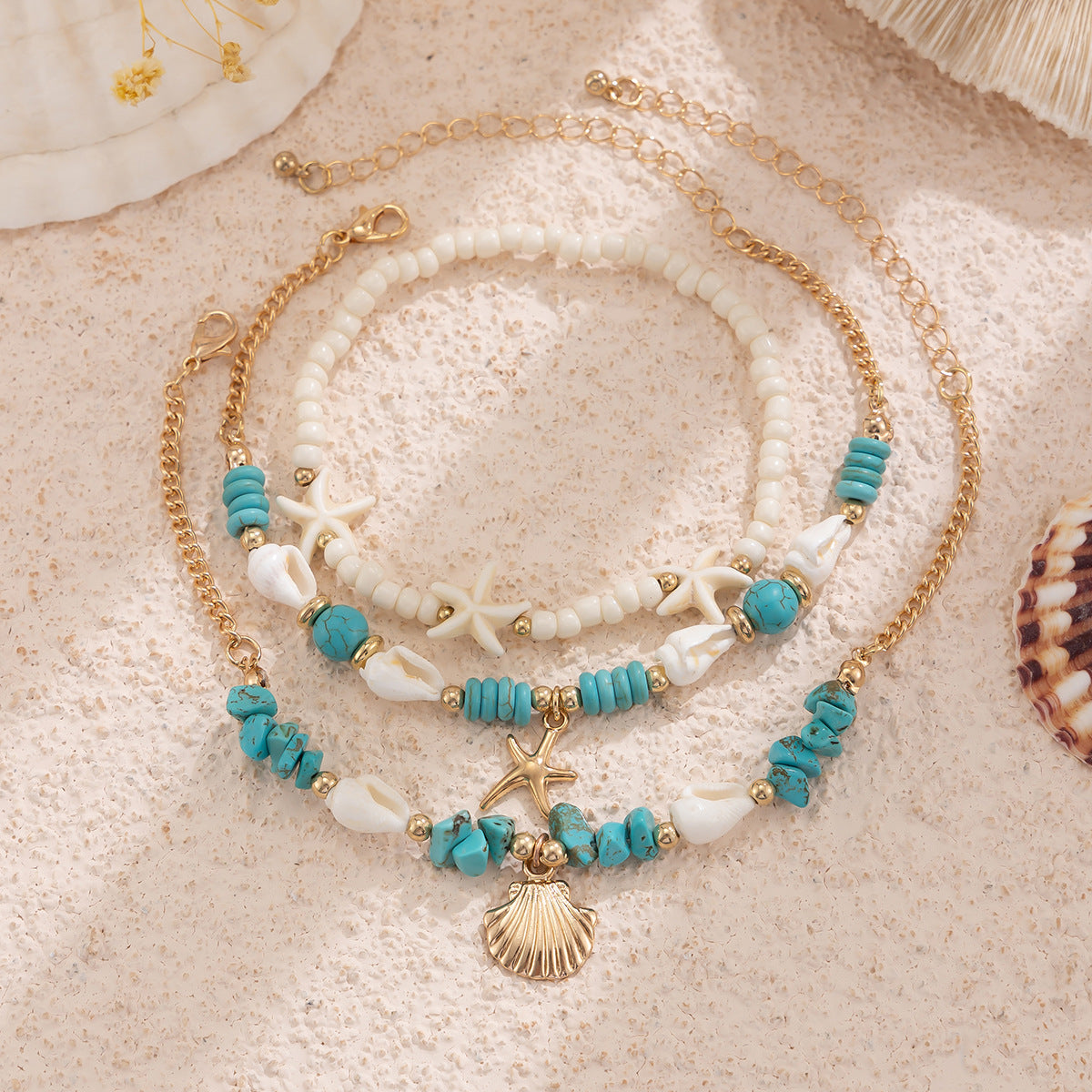 Beach Style Multi-Layer Turquoise Anklet Set