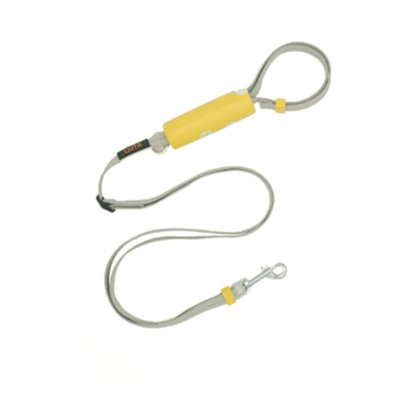 Yellow and gray lanyard with a clip on a white background