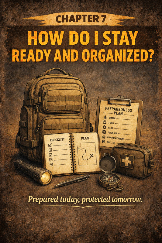 A book cover or poster-style graphic titled "Chapter 7 How Do I Stay Ready and Organized?" with illustrated survival-prep items including a backpack, flashlight, notebook, clipboard, compass, and first-aid kit on a textured brown background.