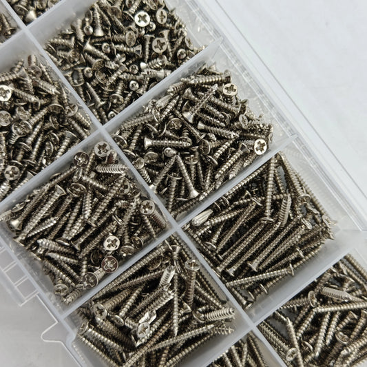 Assorted screws in a clear plastic organizer on a white background